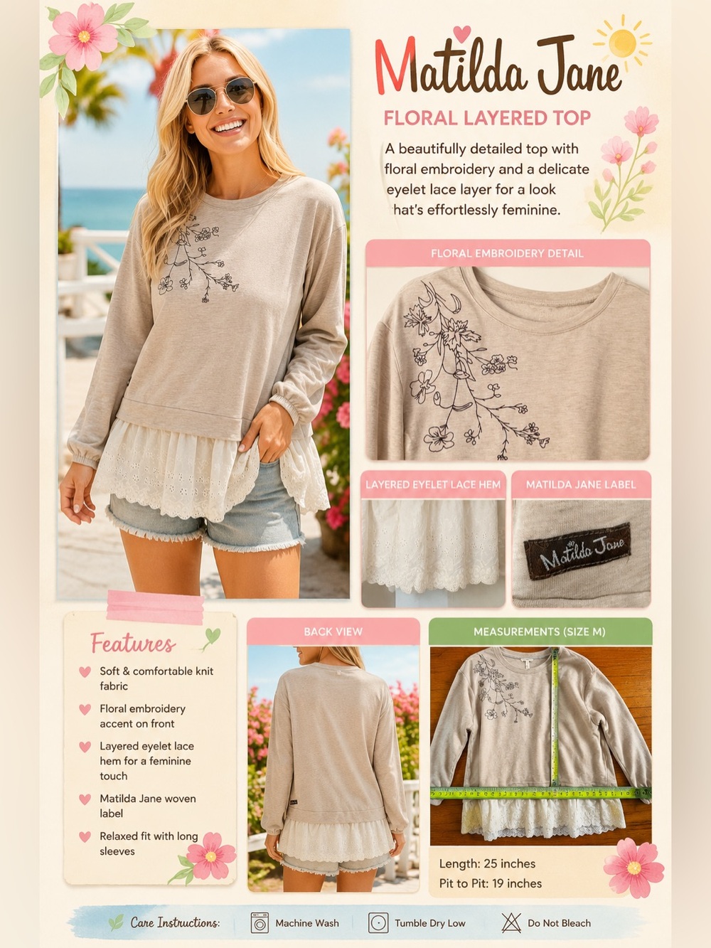 Matilda Jane Beige Floral Layered Eyelet Lace Sweatshirt